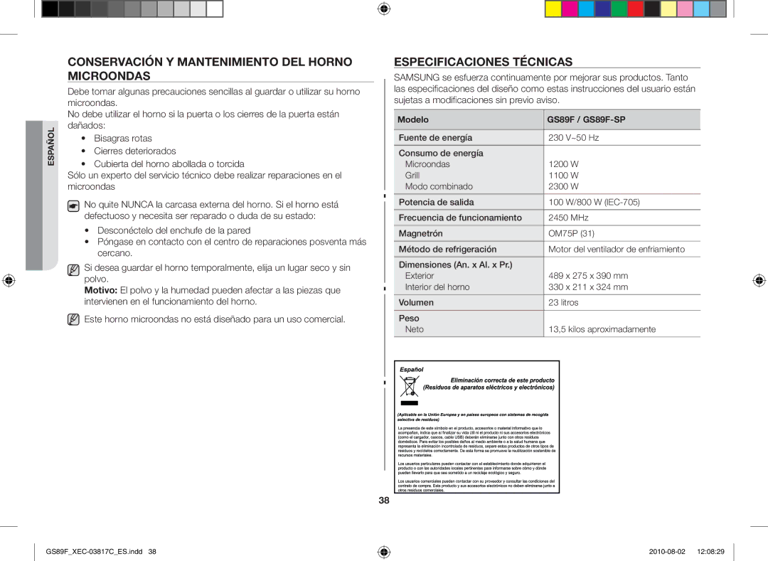 Samsung GS89F-S/XEC Conservación y mantenimiento del horno microondas, Especificaciones técnicas, Modelo GS89F / GS89F-SP 