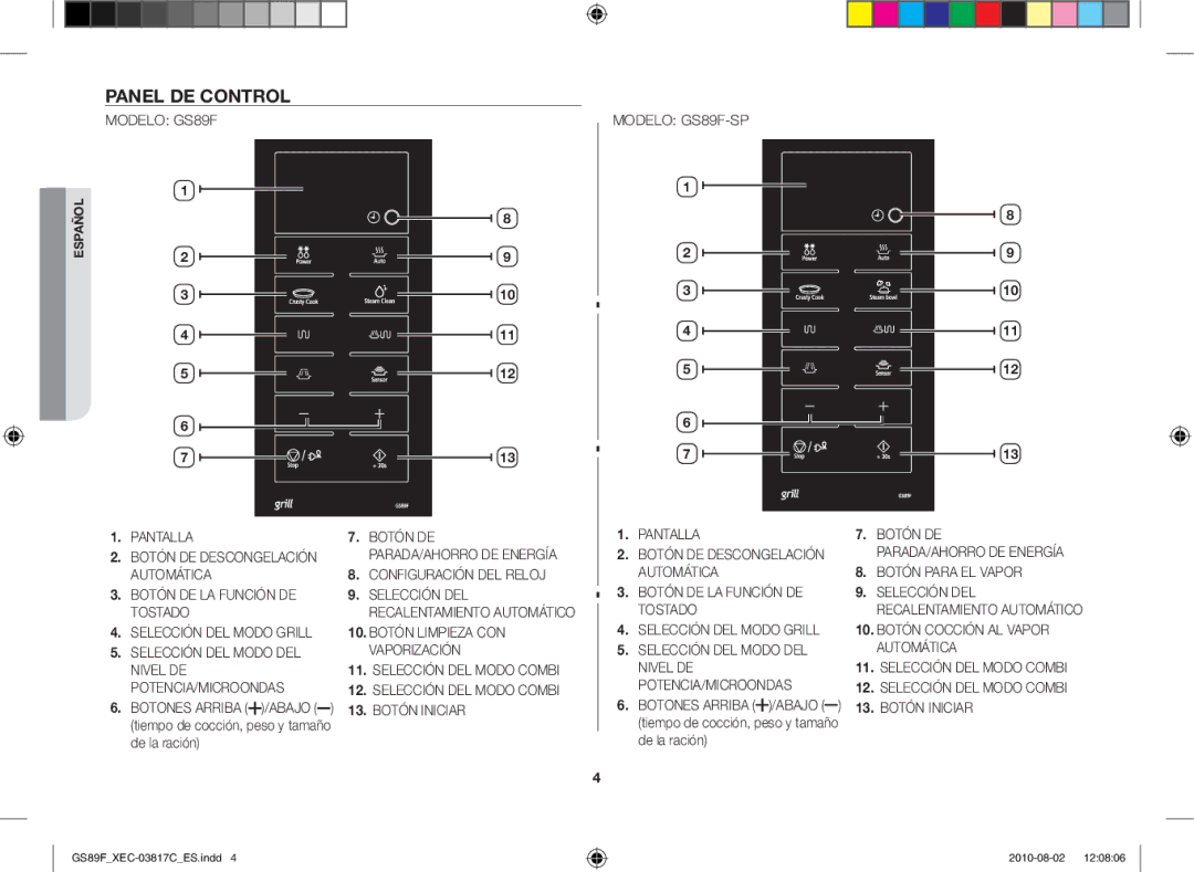 Samsung GS89F-S/XEC manual Panel de control 