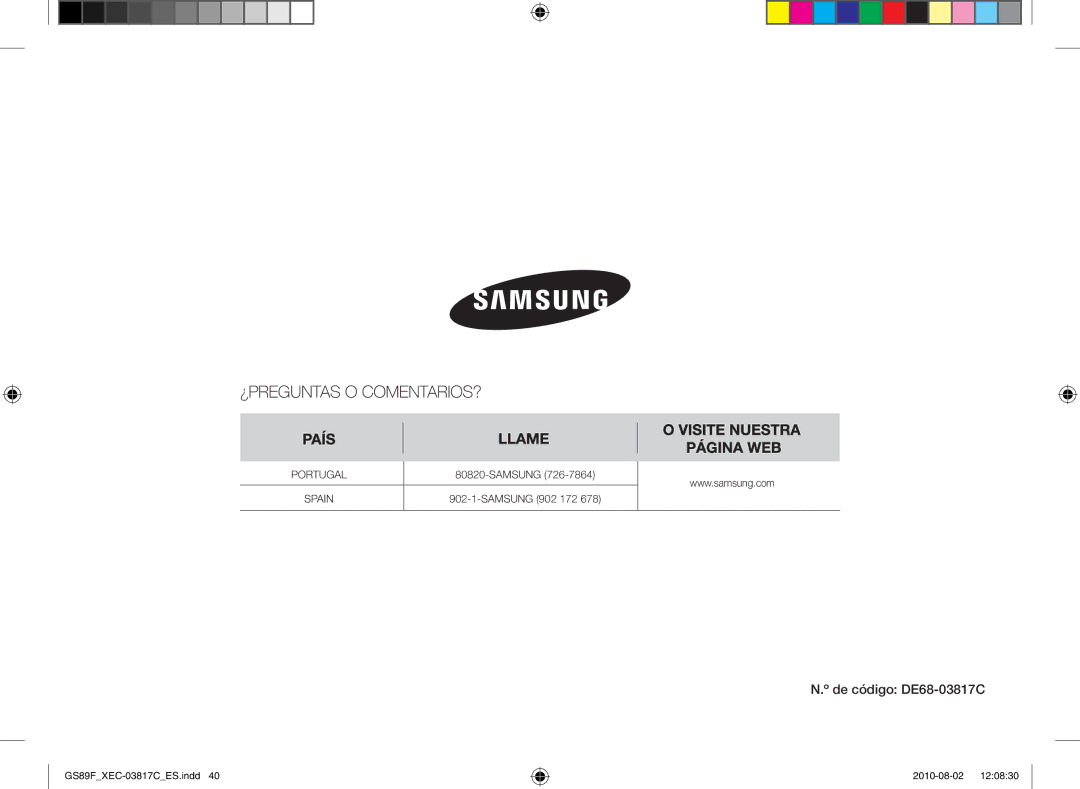 Samsung GS89F-S/XEC manual De código DE68-03817C, Samsung 902 172 