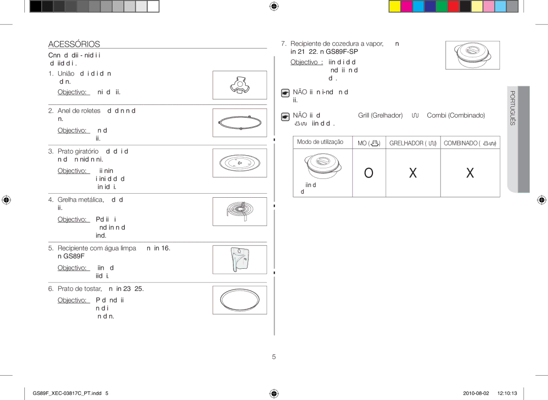 Samsung GS89F-S/XEC manual Acessórios, Com o recipiente de cozedura a vapor Giratório, Modo de utilização MO 