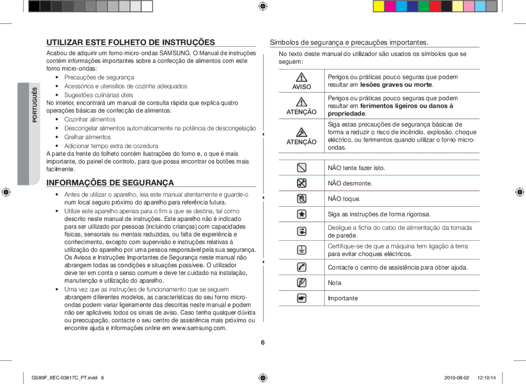 Samsung GS89F-S/XEC manual Utilizar este folheto de instruções, Informações de segurança 