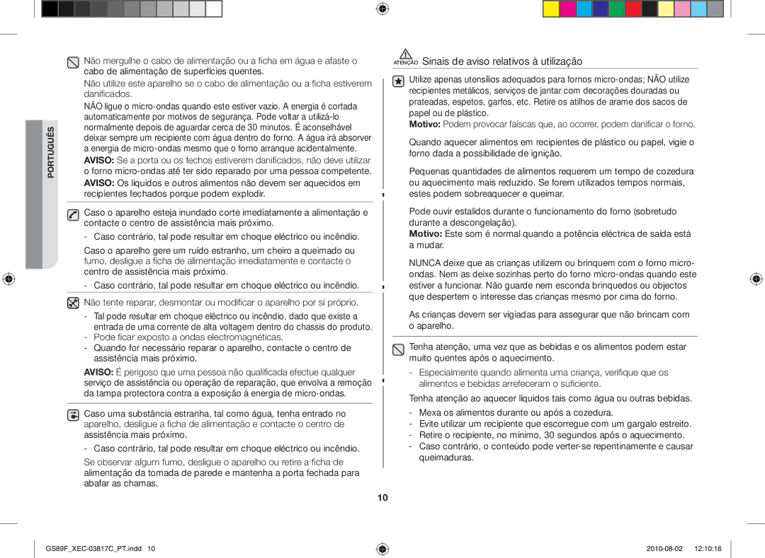 Samsung GS89F-S/XEC manual Atenção Sinais de aviso relativos à utilização 