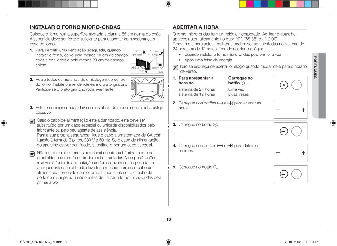 Samsung GS89F-S/XEC manual Instalar o forno micro-ondas, Acertar a hora, De Verão, Para acertar as Horas 