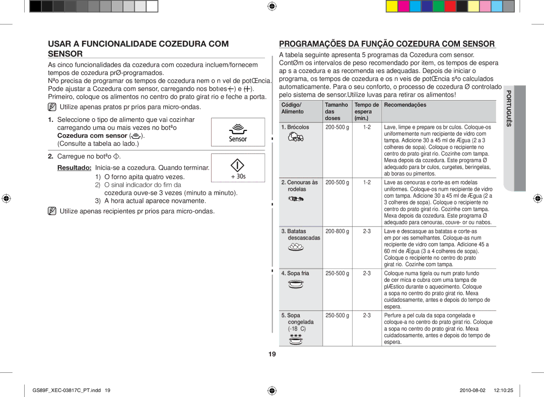 Samsung GS89F-S/XEC manual Usar a funcionalidade cozedura com sensor, Programações da função cozedura com sensor 