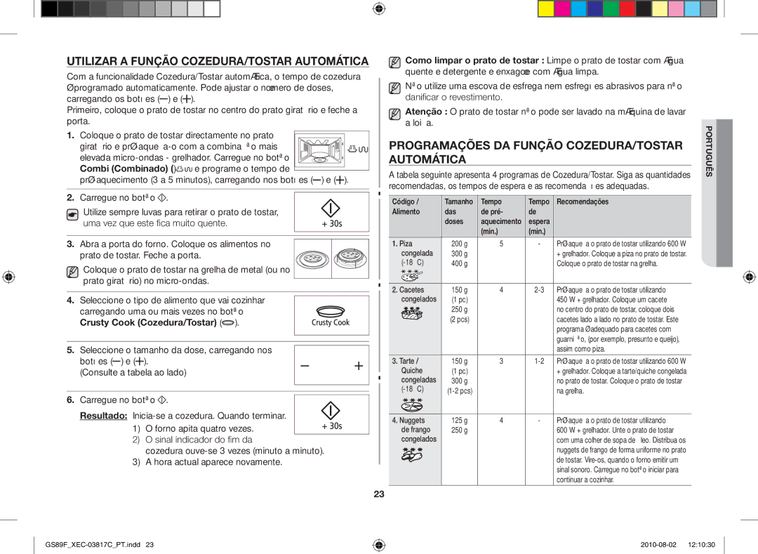 Samsung GS89F-S/XEC manual Utilizar a função cozedura/tostar automática, Programações da função cozedura/tostar automática 