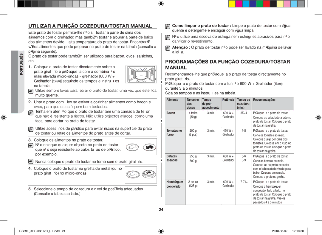 Samsung GS89F-S/XEC Utilizar a função cozedura/tostar manual, Programações da função cozedura/tostar manual, Grelhador 