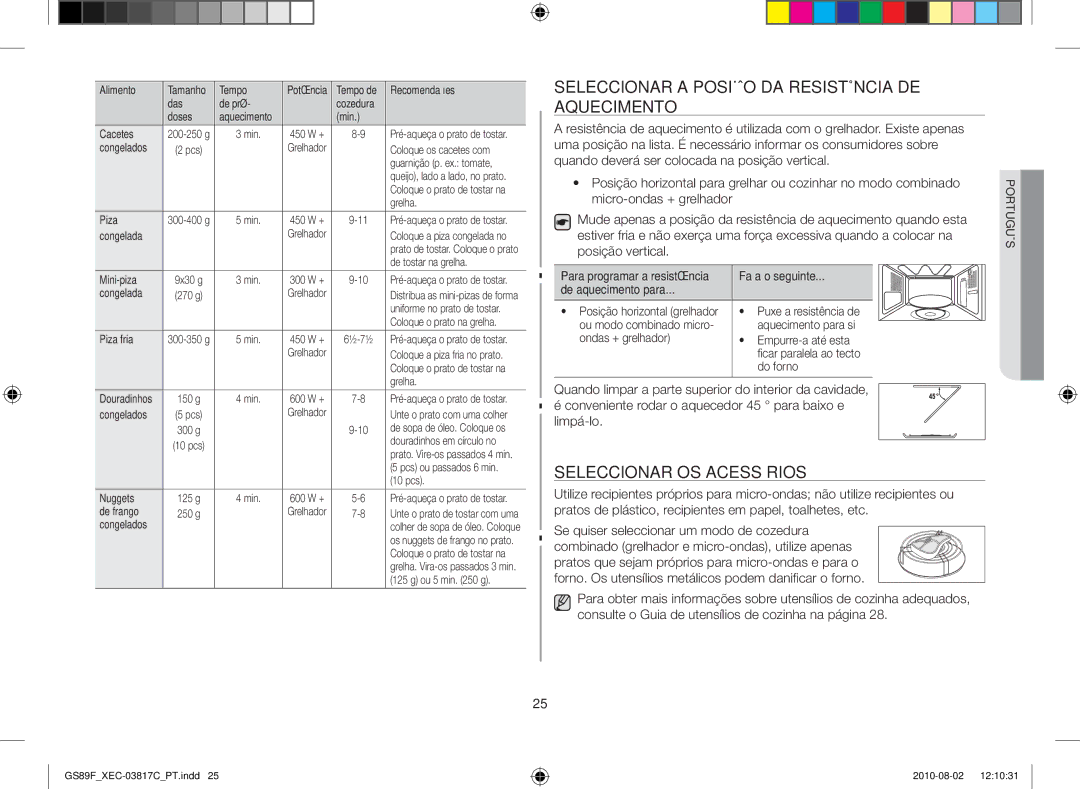 Samsung GS89F-S/XEC manual Seleccionar a posição da resistência de aquecimento, Seleccionar os acessórios, Faça o seguinte 