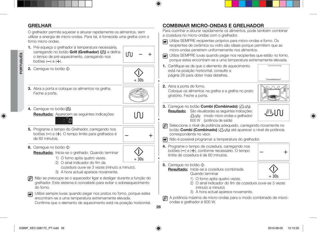 Samsung GS89F-S/XEC manual Grelhar, Combinar micro-ondas e grelhador, Certifique-se de que o elemento de aquecimento 