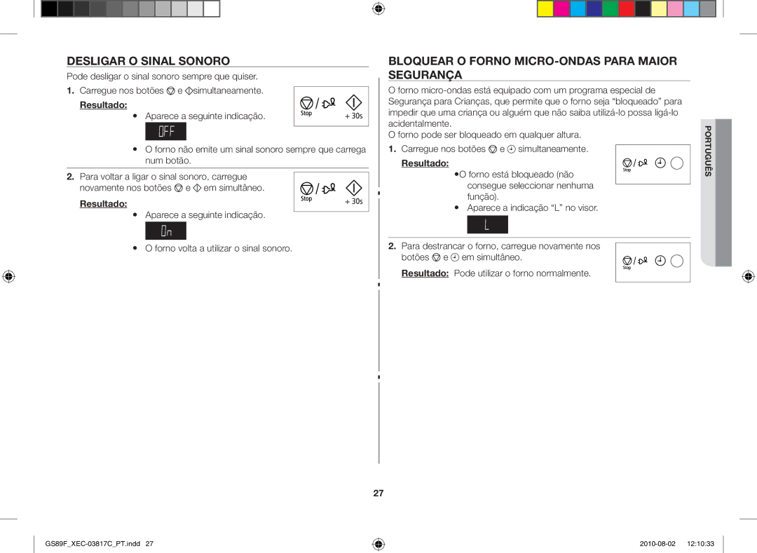 Samsung GS89F-S/XEC manual Desligar o sinal sonoro, Bloquear o forno micro-ondas para maior segurança 