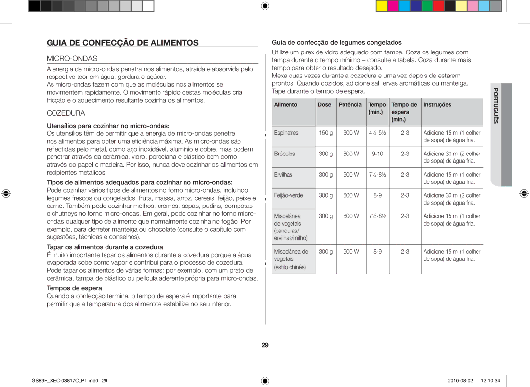 Samsung GS89F-S/XEC manual Guia de confecção de alimentos, Micro-Ondas, Cozedura, Tempos de espera 