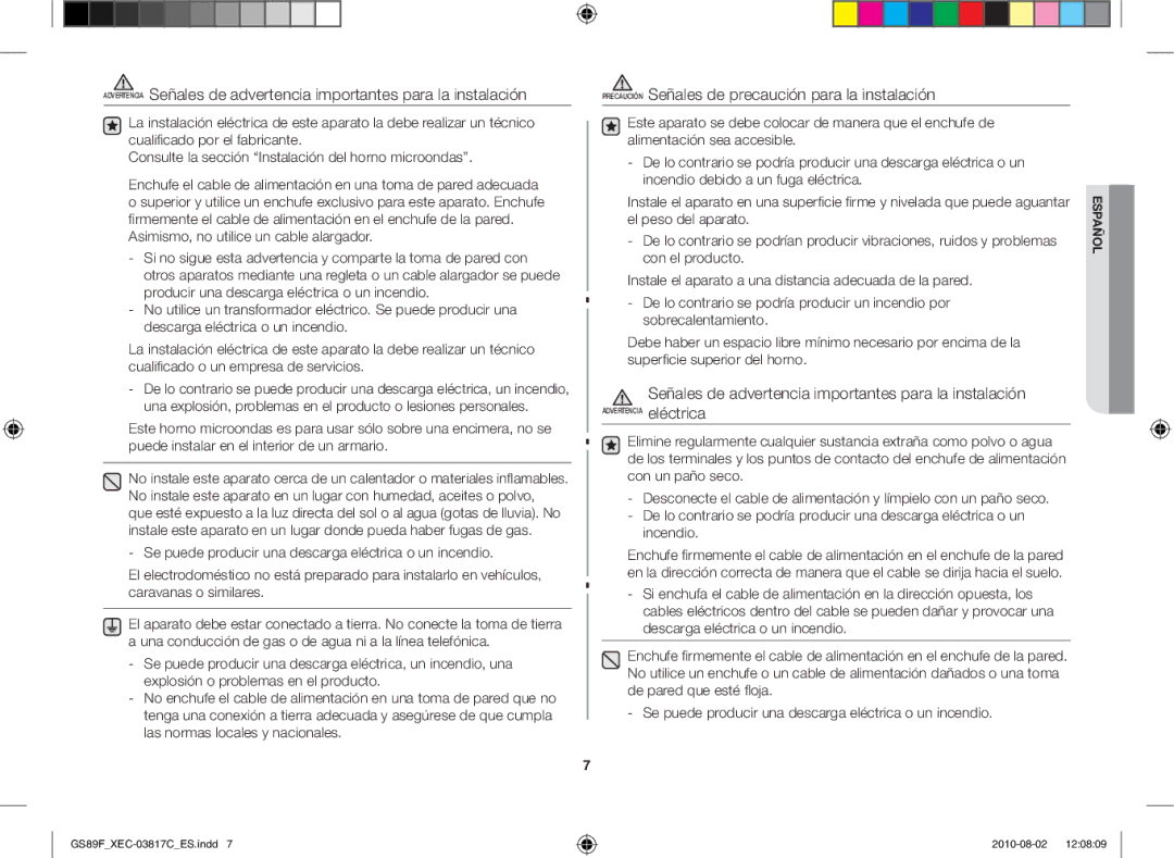 Samsung GS89F-S/XEC manual Señales de advertencia importantes para la instalación 