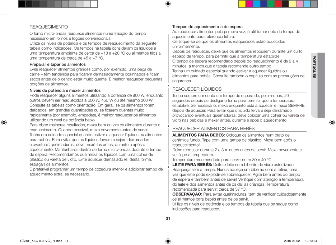 Samsung GS89F-S/XEC manual Reaquecimento, Reaquecer Líquidos, Reaquecer Alimentos Para Bebés 