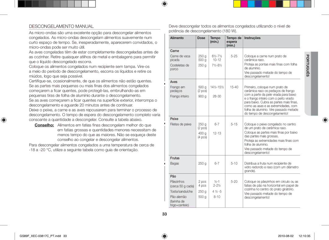 Samsung GS89F-S/XEC manual Descongelamento Manual, Alimento Dose Tempo Tempo de Instruções Min Espera 