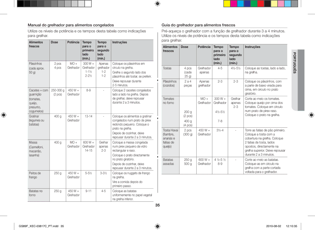 Samsung GS89F-S/XEC manual Alimentos Dose, Tempo Instruções Frescos Para o 