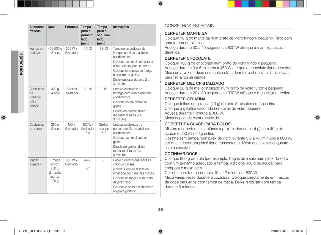 Samsung GS89F-S/XEC manual Conselhos Especiais 