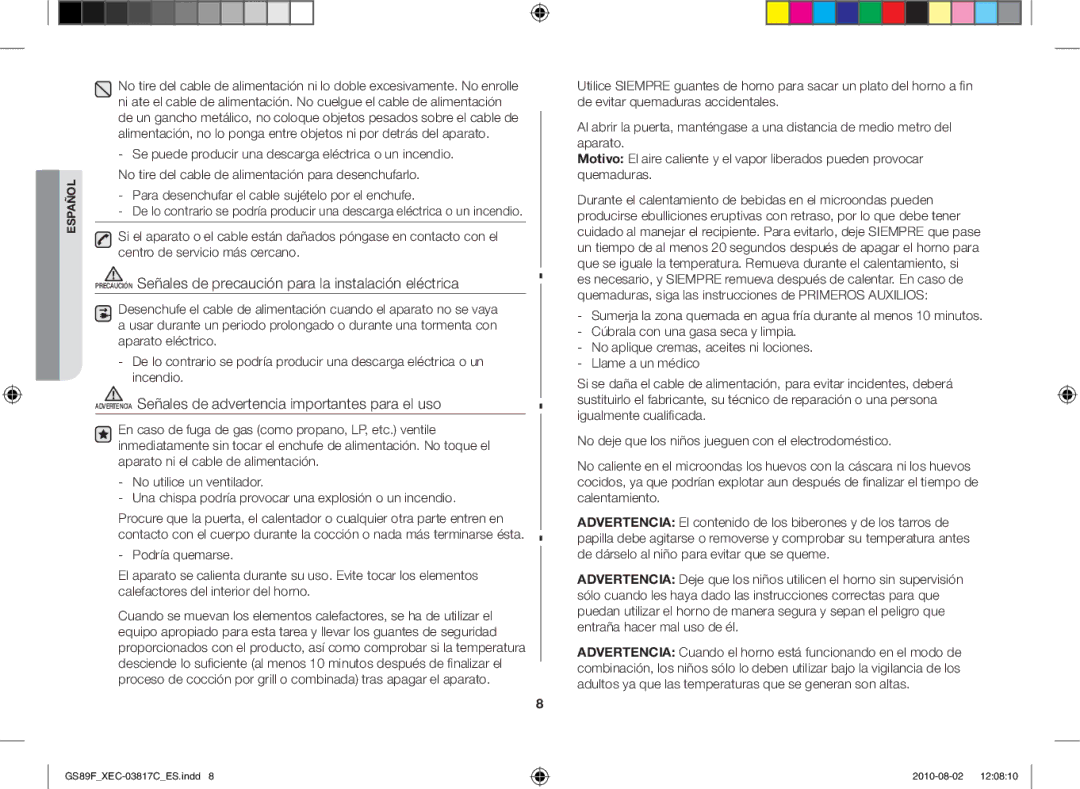 Samsung GS89F-S/XEC manual Advertencia Señales de advertencia importantes para el uso 