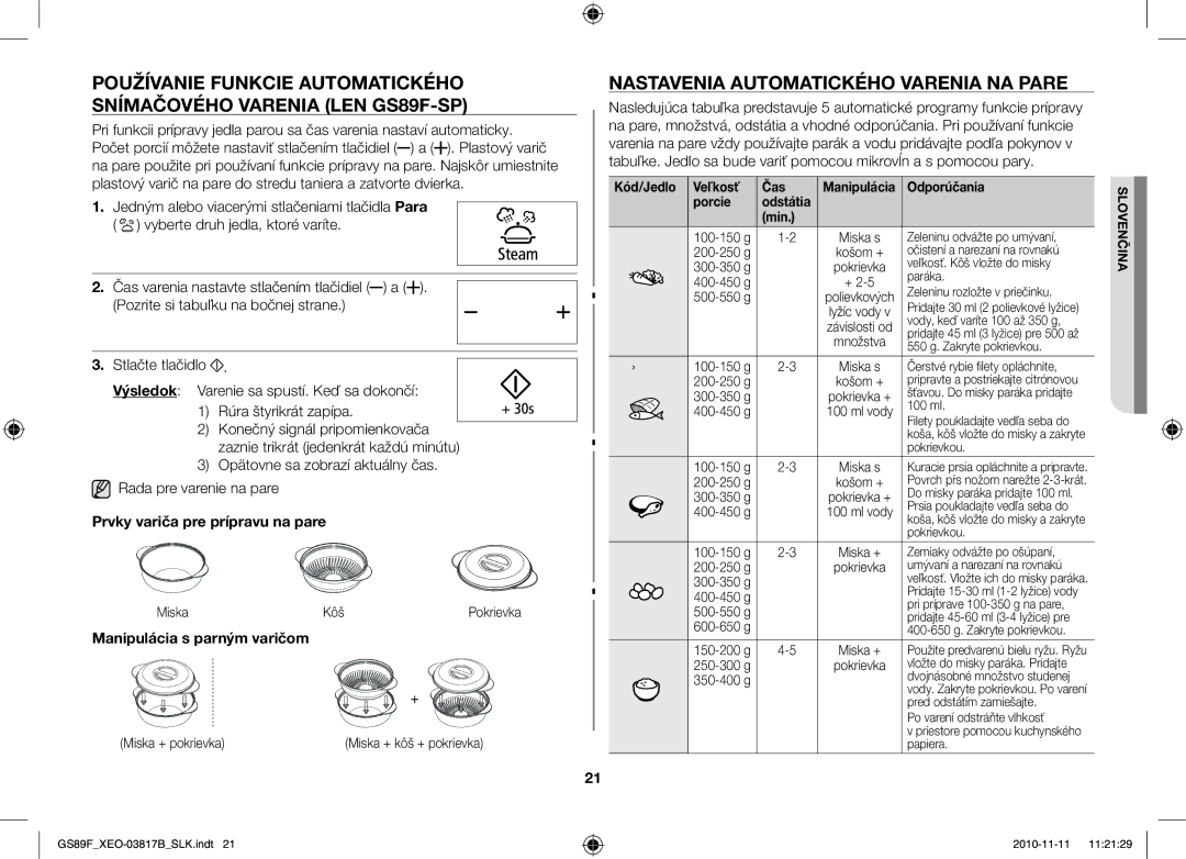 Samsung GS89F-S/XEO Nastavenia Automatického Varenia NA Pare, Opätovne sa zobrazí aktuálny čas Rada pre varenie na pare 