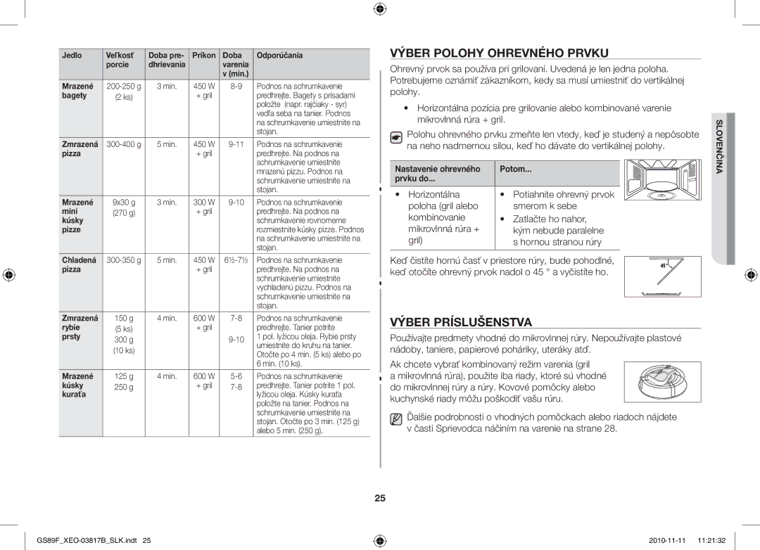 Samsung GS89F-S/XEO manual Výber Polohy Ohrevného Prvku, Výber Príslušenstva, Nastavenie ohrevného Potom Prvku do 