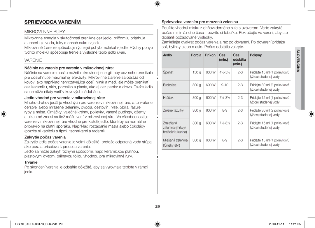 Samsung GS89F-S/XEO manual Sprievodca Varením, Mikrovlnné Rúry, Varenie, Jedlo Porcia Príkon Čas Pokyny Min Odstátia 