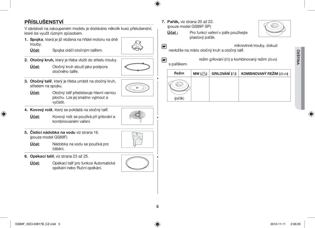 Samsung GS89F-S/XEO manual Příslušenství, Účel, Režim, Pařák 