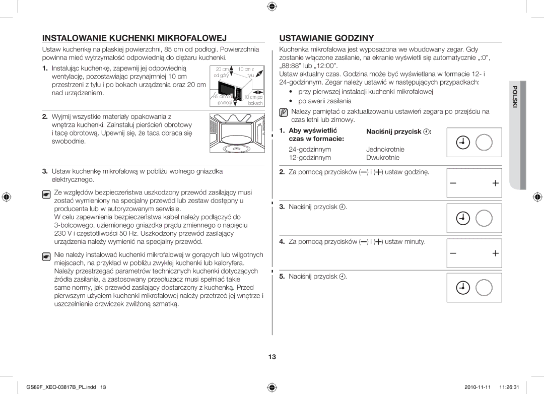 Samsung GS89F-S/XEO manual Instalowanie Kuchenki Mikrofalowej, Ustawianie Godziny 