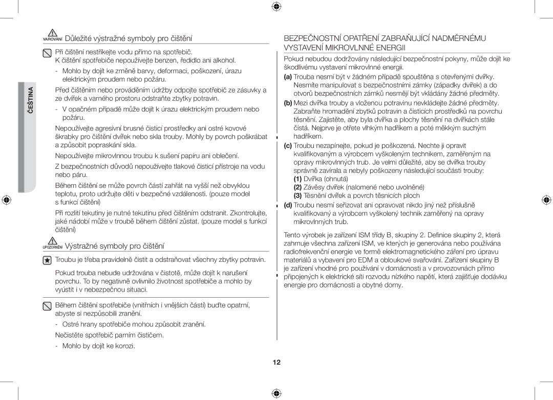 Samsung GS89F-S/XEO manual Varování Důležité výstražné symboly pro čištění, Upozornění Výstražné symboly pro čištění 