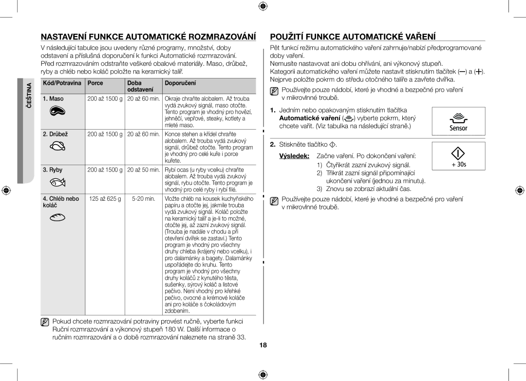 Samsung GS89F-S/XEO manual Nastavení Funkce Automatické Rozmrazování, Použití Funkce Automatické Vaření 