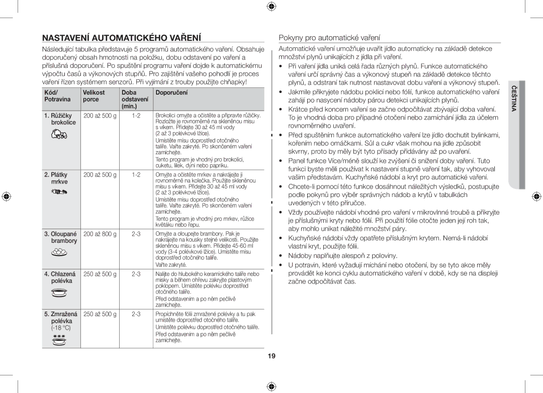 Samsung GS89F-S/XEO manual Nastavení Automatického Vaření, Pokyny pro automatické vaření 