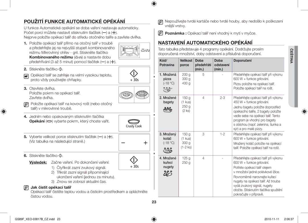 Samsung GS89F-S/XEO manual Použití Funkce Automatické Opékání, Nastavení Automatického Opékání, Jak čistit opékací talíř 