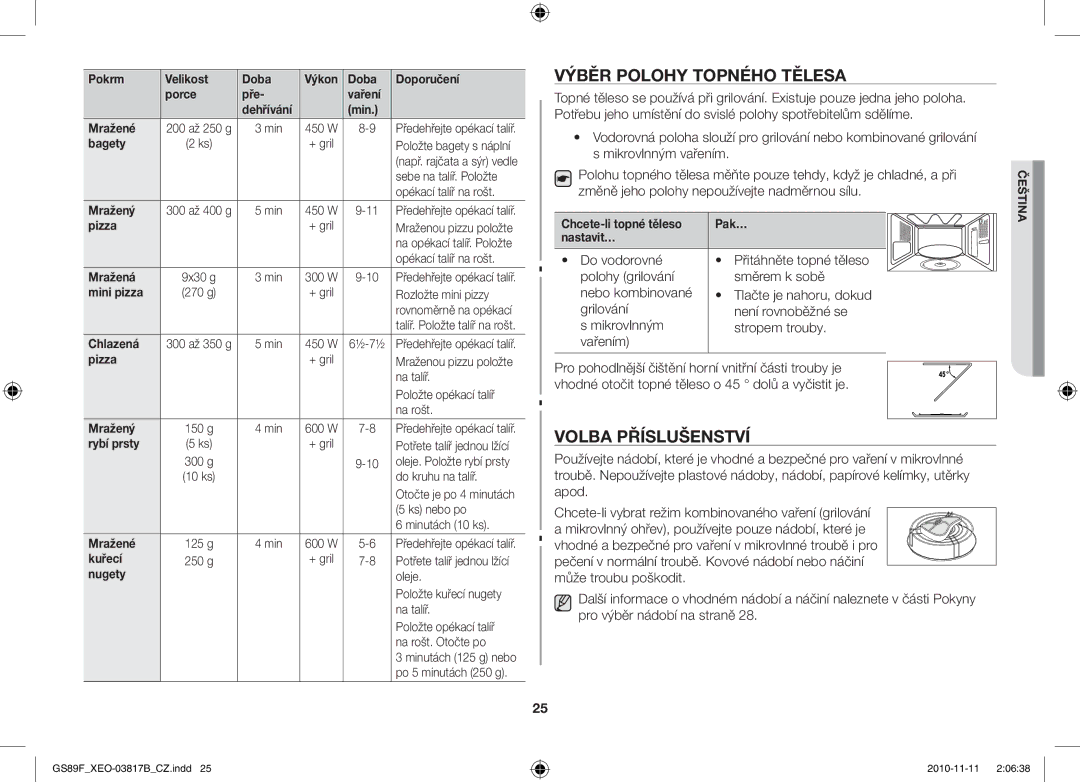 Samsung GS89F-S/XEO manual Výběr Polohy Topného Tělesa, Volba Příslušenství 