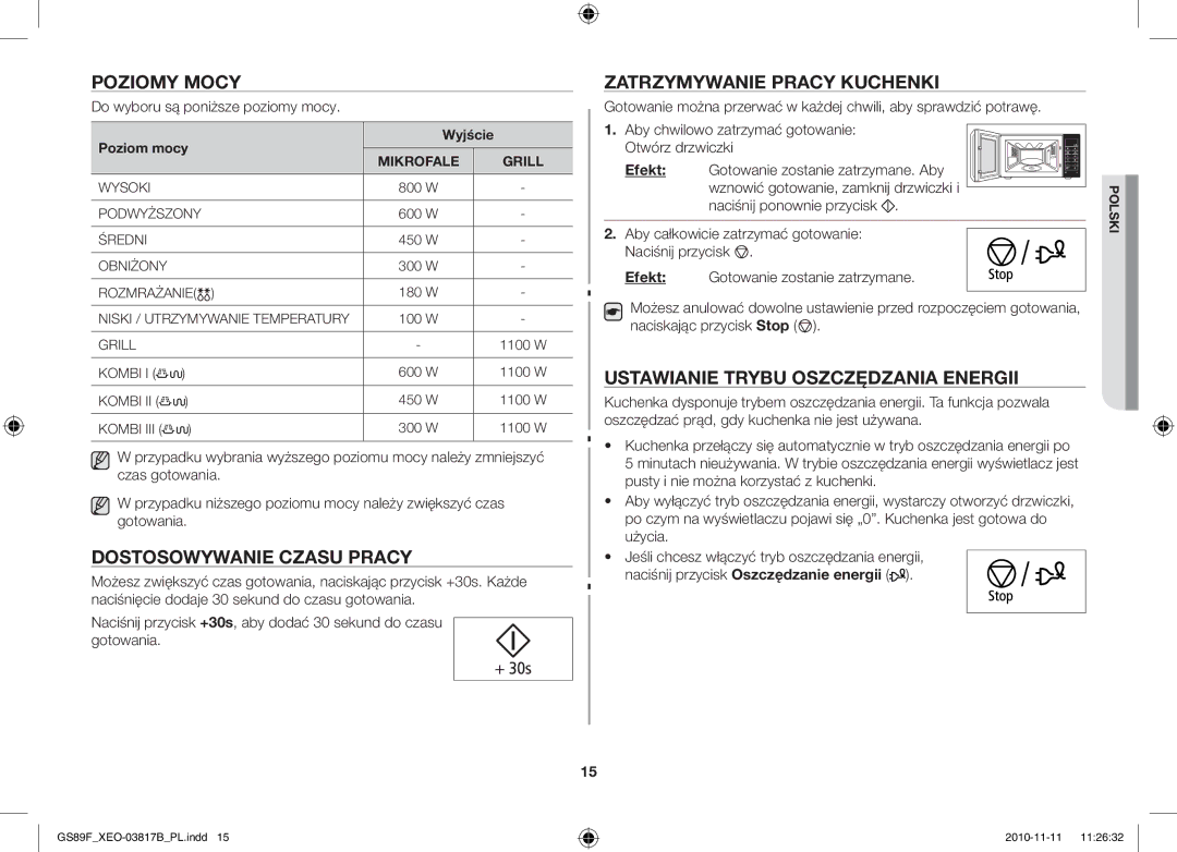 Samsung GS89F-S/XEO manual Poziomy Mocy, Dostosowywanie Czasu Pracy, Zatrzymywanie Pracy Kuchenki 