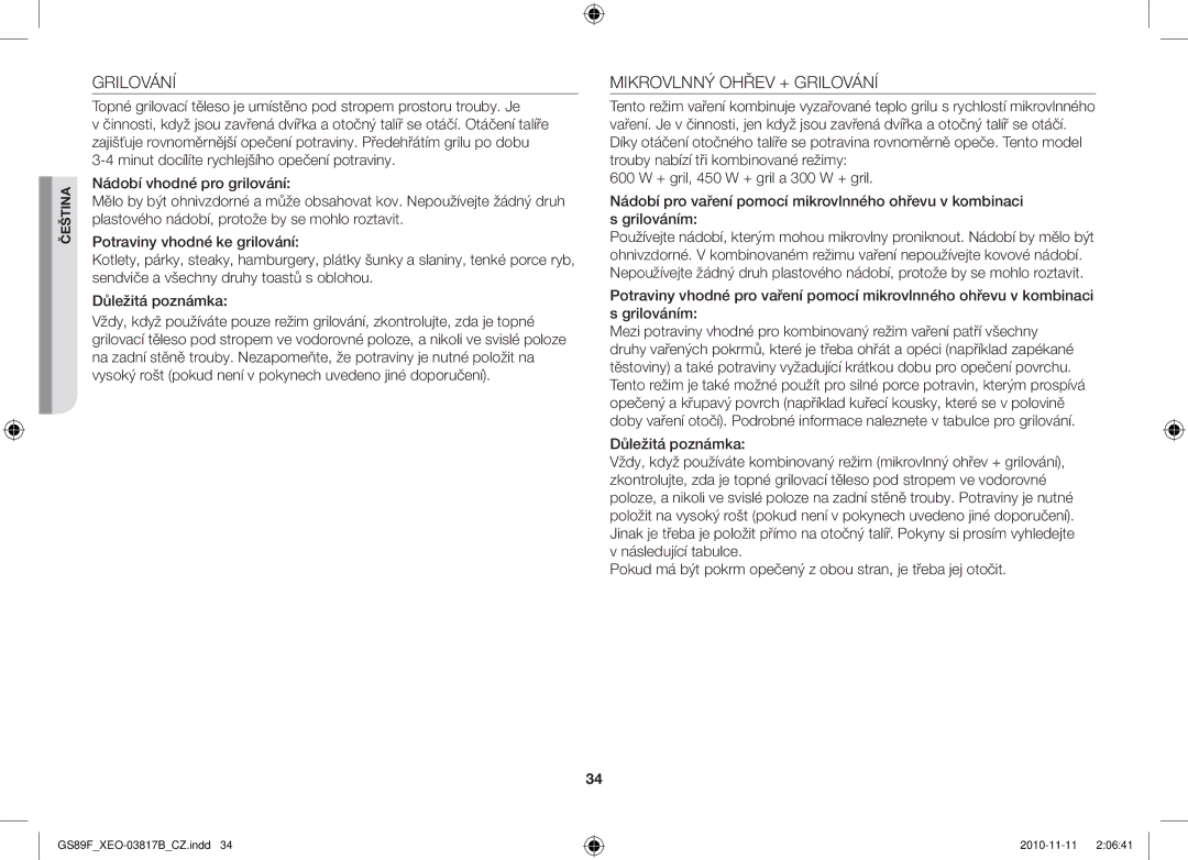 Samsung GS89F-S/XEO manual Mikrovlnný Ohřev + Grilování 