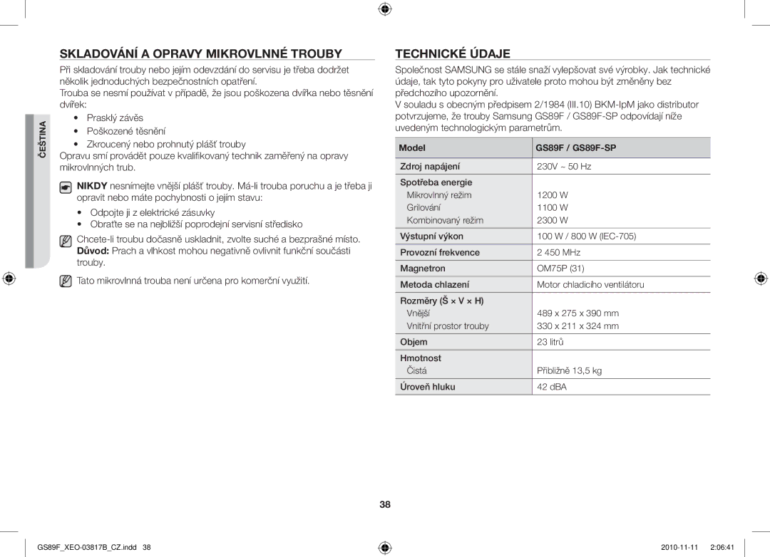 Samsung GS89F-S/XEO manual Skladování a Opravy Mikrovlnné Trouby, Technické Údaje 