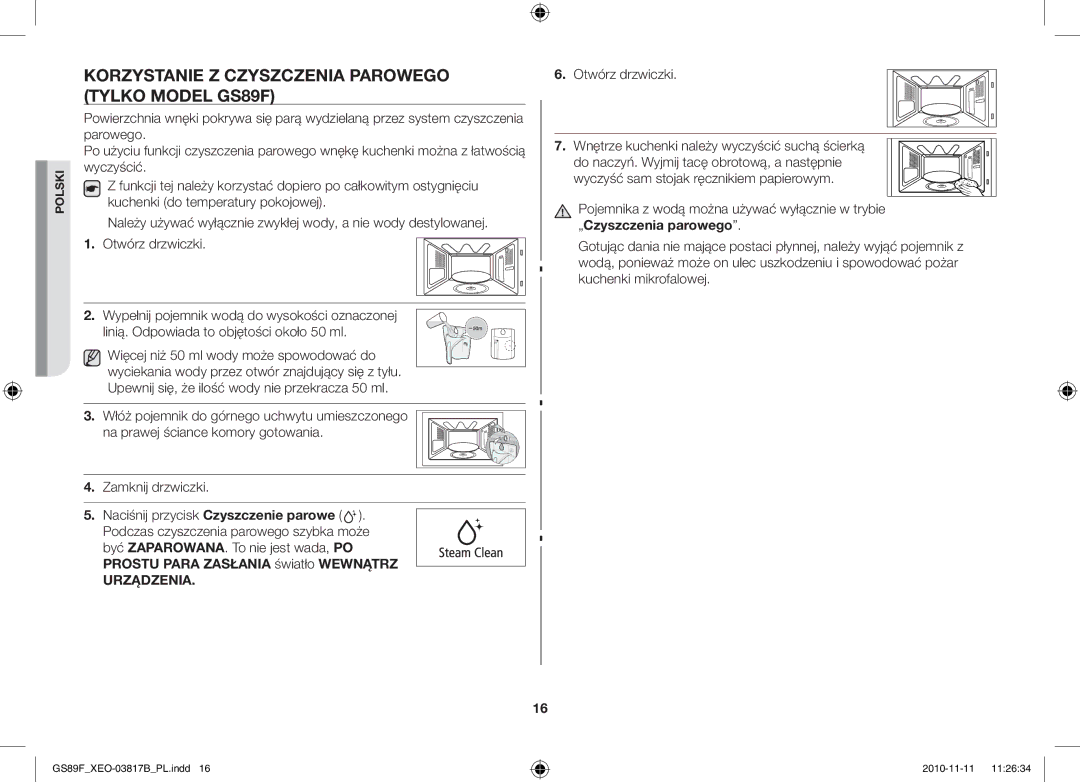 Samsung GS89F-S/XEO manual Korzystanie Z Czyszczenia Parowego Tylko Model GS89F 