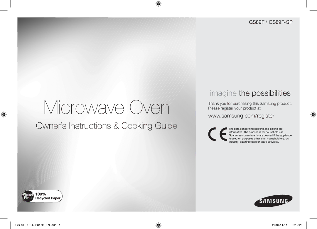 Samsung GS89F-S/XEO Microwave Oven, This manual is made with 100% recycled paper 