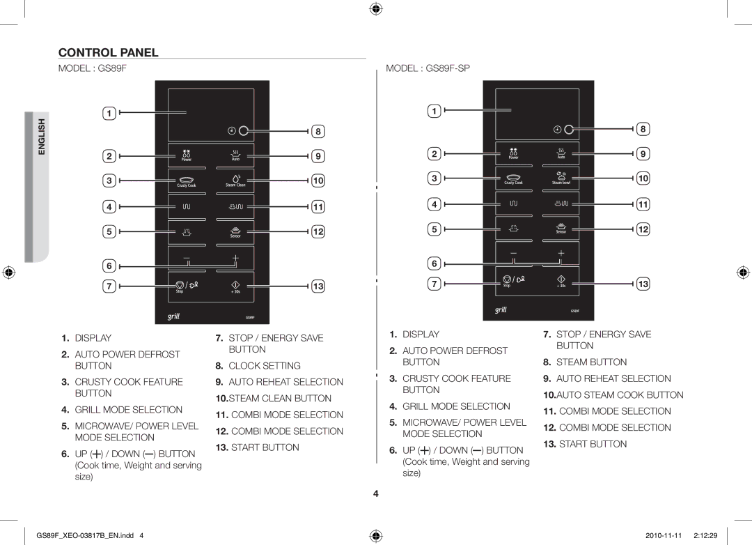 Samsung GS89F-S/XEO manual Control Panel, UP / Down Button Cook time, Weight and serving size 