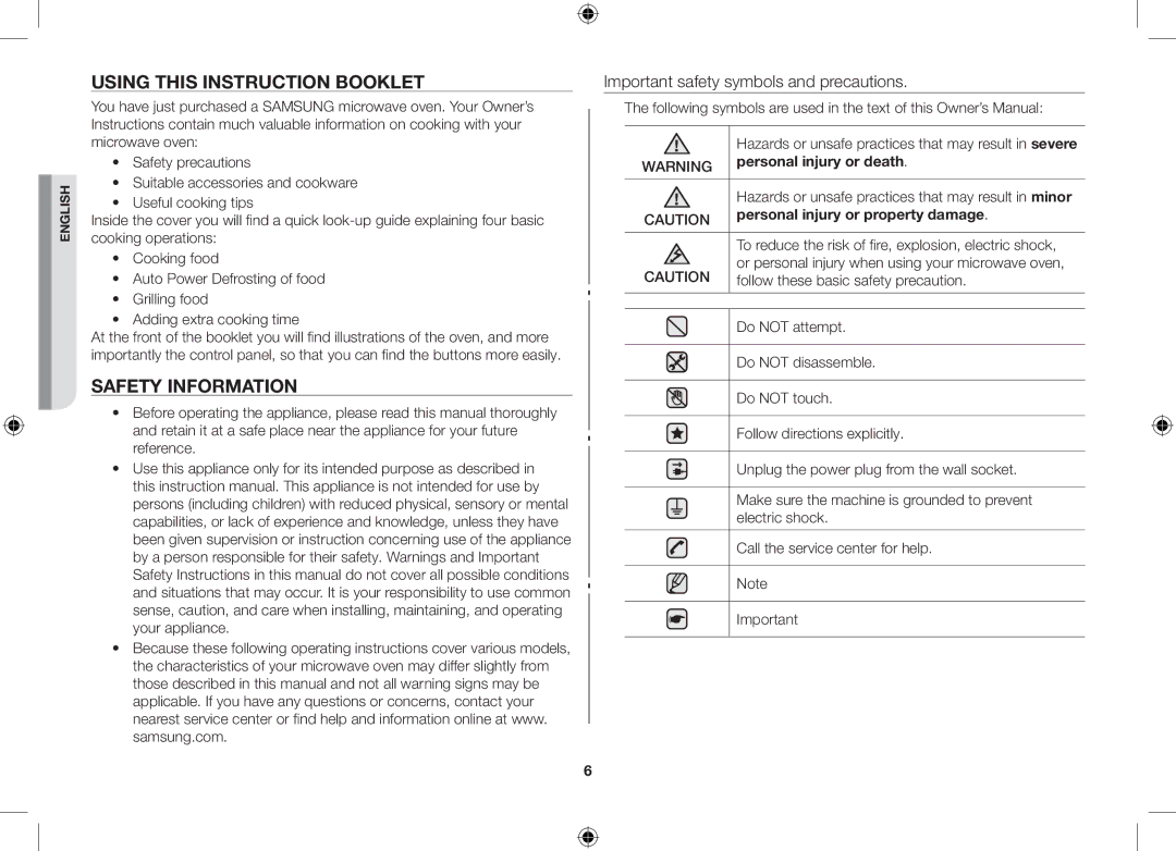 Samsung GS89F-S/XEO manual Using this Instruction Booklet, Safety Information, Important safety symbols and precautions 