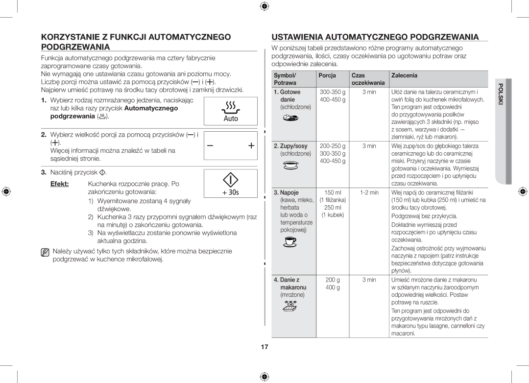 Samsung GS89F-S/XEO manual Korzystanie Z Funkcji Automatycznego Podgrzewania, Ustawienia Automatycznego Podgrzewania 