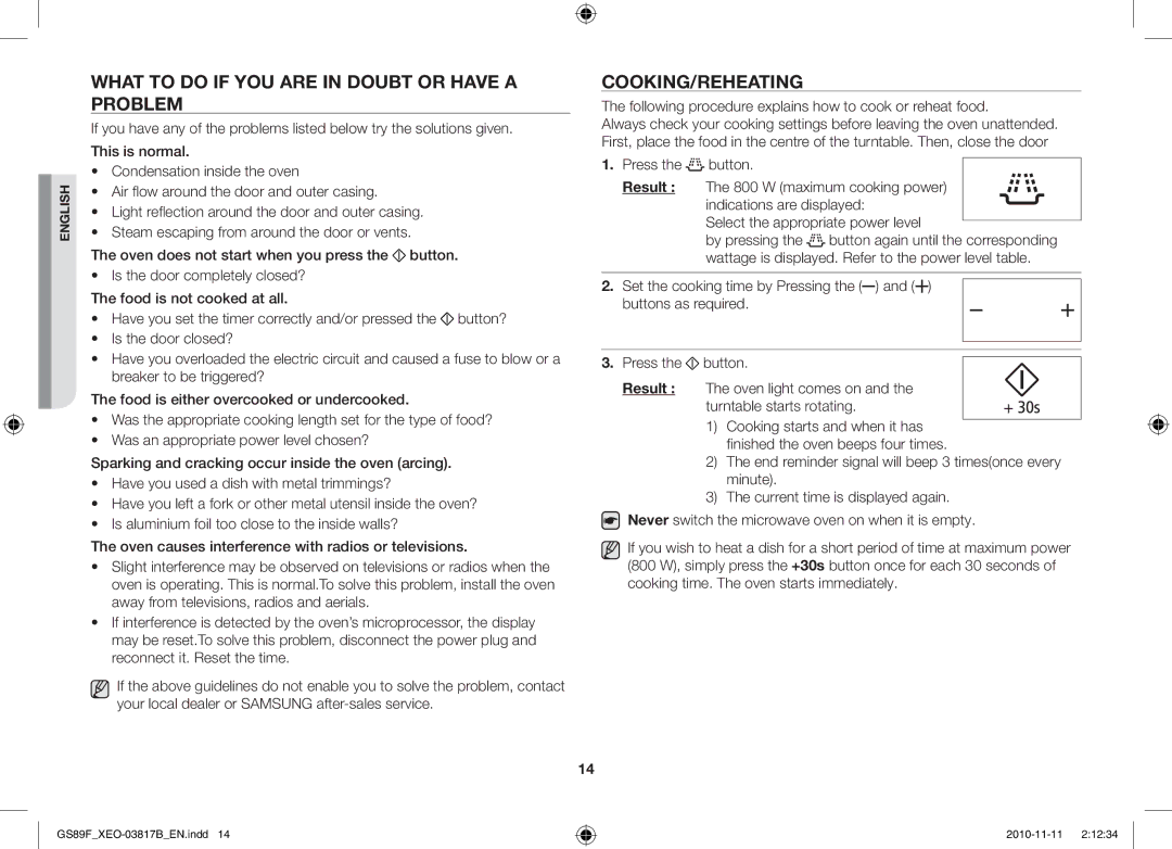 Samsung GS89F-S/XEO manual What to do if YOU are in Doubt or have a Problem, Cooking/Reheating 