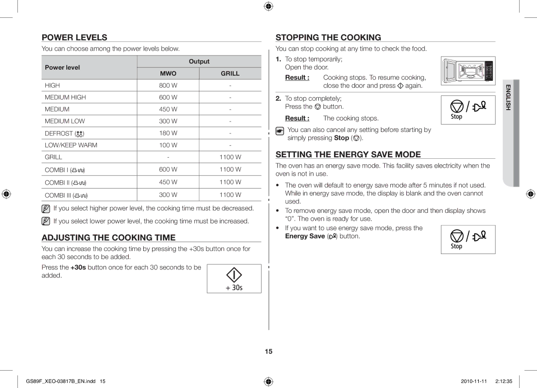 Samsung GS89F-S/XEO manual Power Levels, Adjusting the Cooking Time, Stopping the Cooking, Setting the Energy Save Mode 