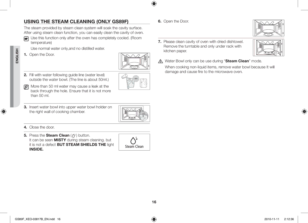 Samsung GS89F-S/XEO manual Using the Steam Cleaning only GS89F 