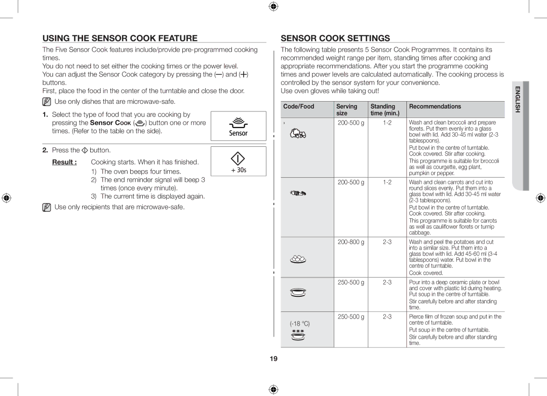 Samsung GS89F-S/XEO manual Using the Sensor Cook Feature, Sensor Cook Settings 