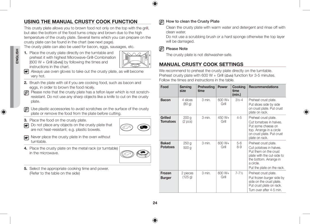 Samsung GS89F-S/XEO manual Using the Manual Crusty Cook Function, Manual Crusty Cook Settings 