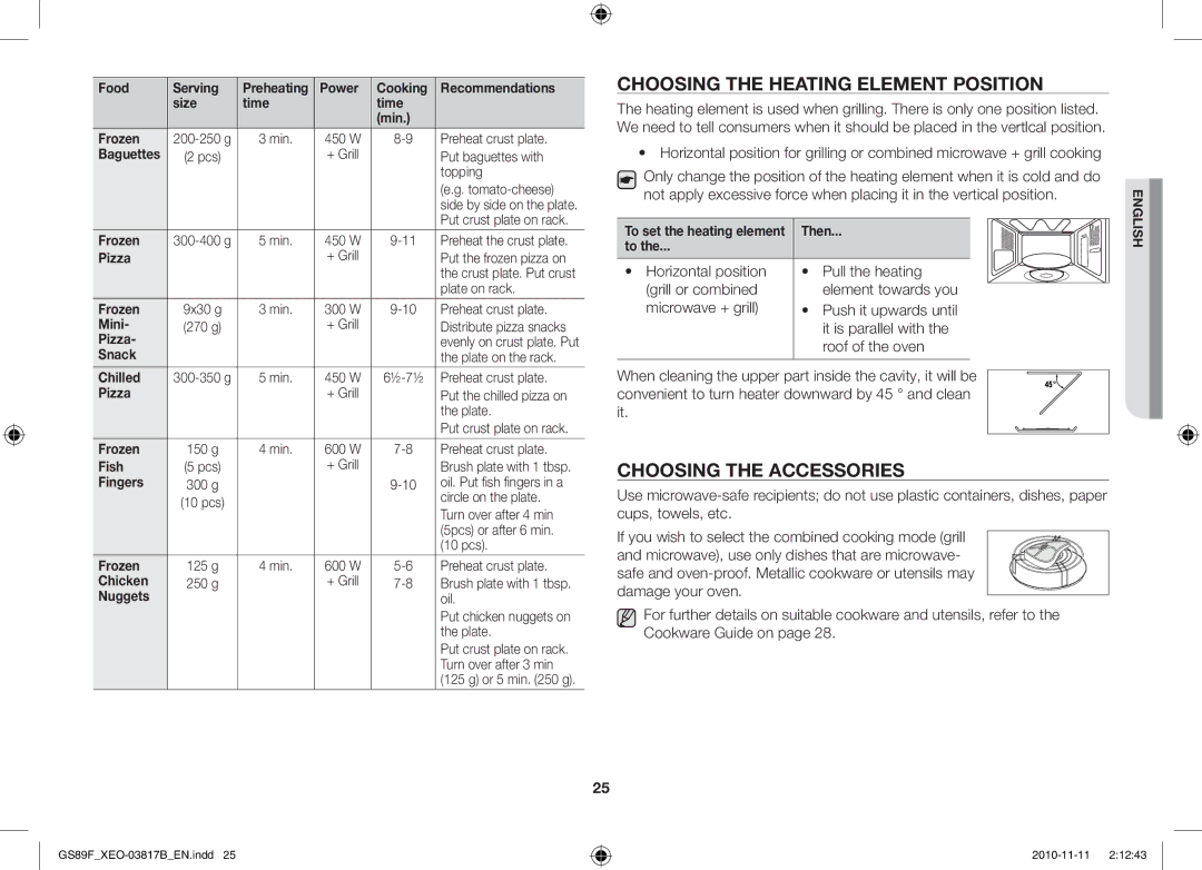 Samsung GS89F-S/XEO manual Choosing the Heating Element Position, Choosing the Accessories 