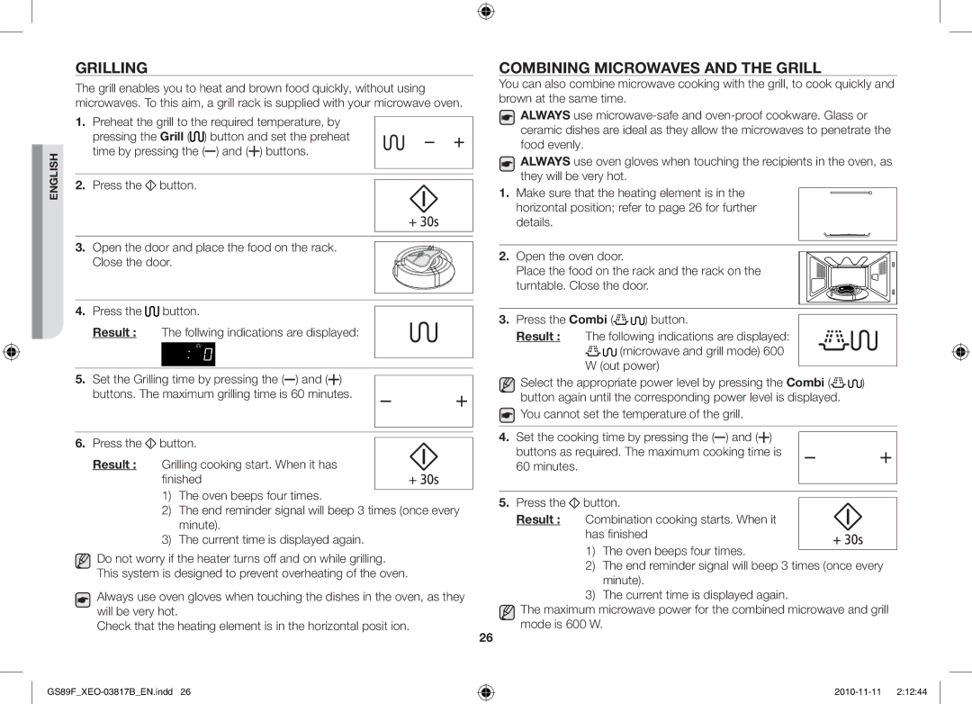 Samsung GS89F-S/XEO manual Grilling, Combining Microwaves and the Grill, You cannot set the temperature of the grill 