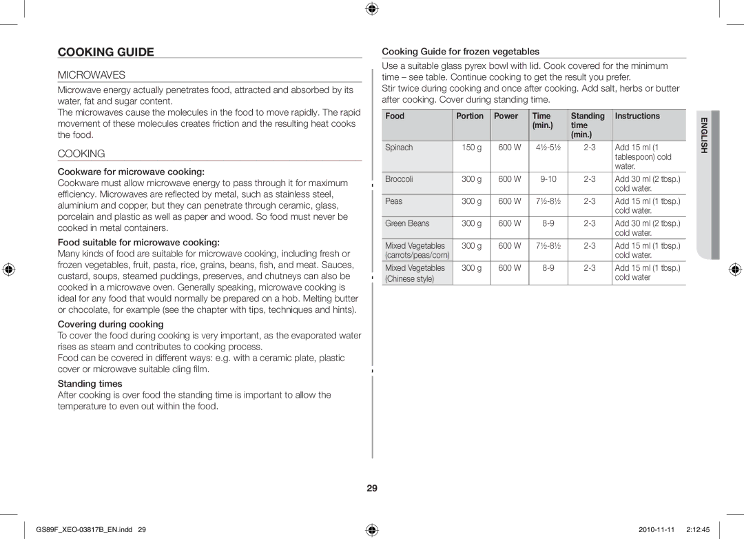 Samsung GS89F-S/XEO manual Cooking Guide, Microwaves, Food Portion Power Time Standing Instructions Min 