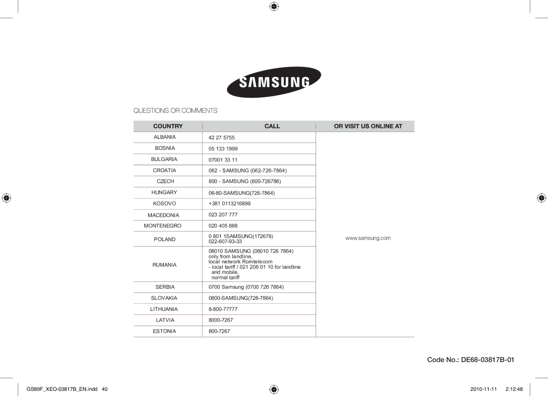 Samsung GS89F-S/XEO manual Code No. DE68-03817B-01 