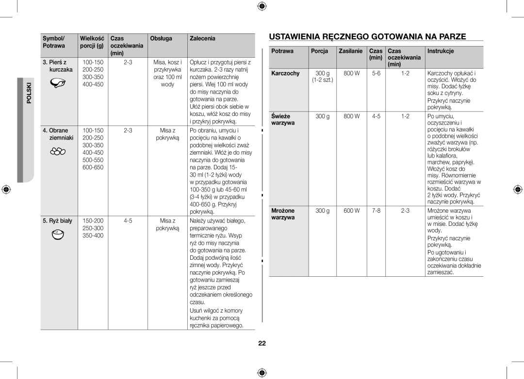 Samsung GS89F-S/XEO manual Ustawienia Ręcznego Gotowania NA Parze 