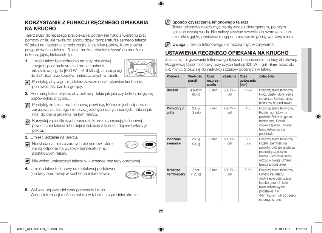 Samsung GS89F-S/XEO manual Korzystanie Z Funkcji Ręcznego Opiekania NA Krucho, Ustawienia Ręcznego Opiekania NA Krucho 