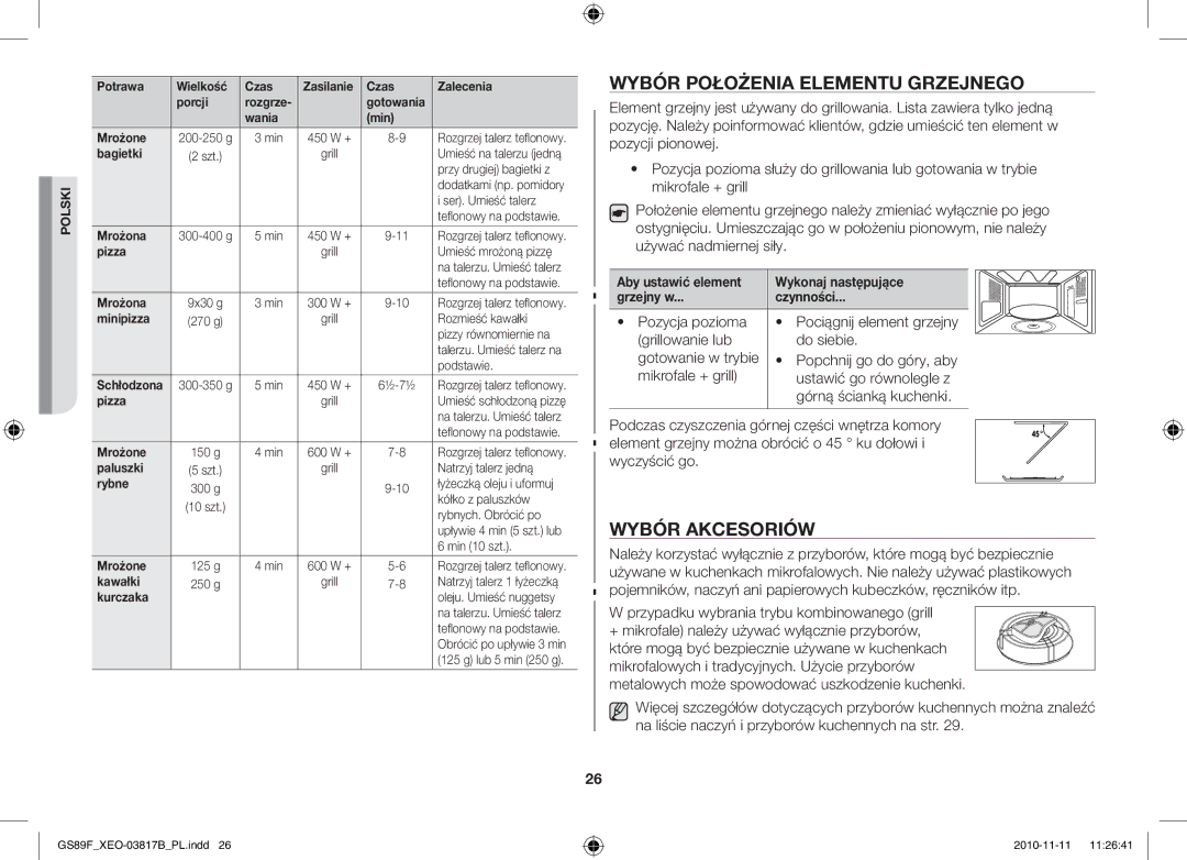 Samsung GS89F-S/XEO manual Wybór Położenia Elementu Grzejnego, Wybór Akcesoriów, Popchnij go do góry, aby 